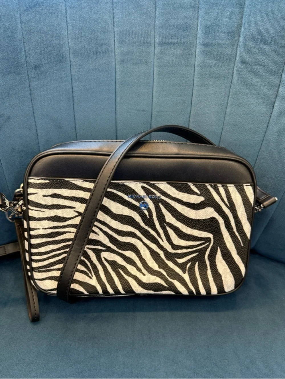 Michael Kors Jet Set Camera Crossbody Zebra Print Black Leather Trim NWOT
